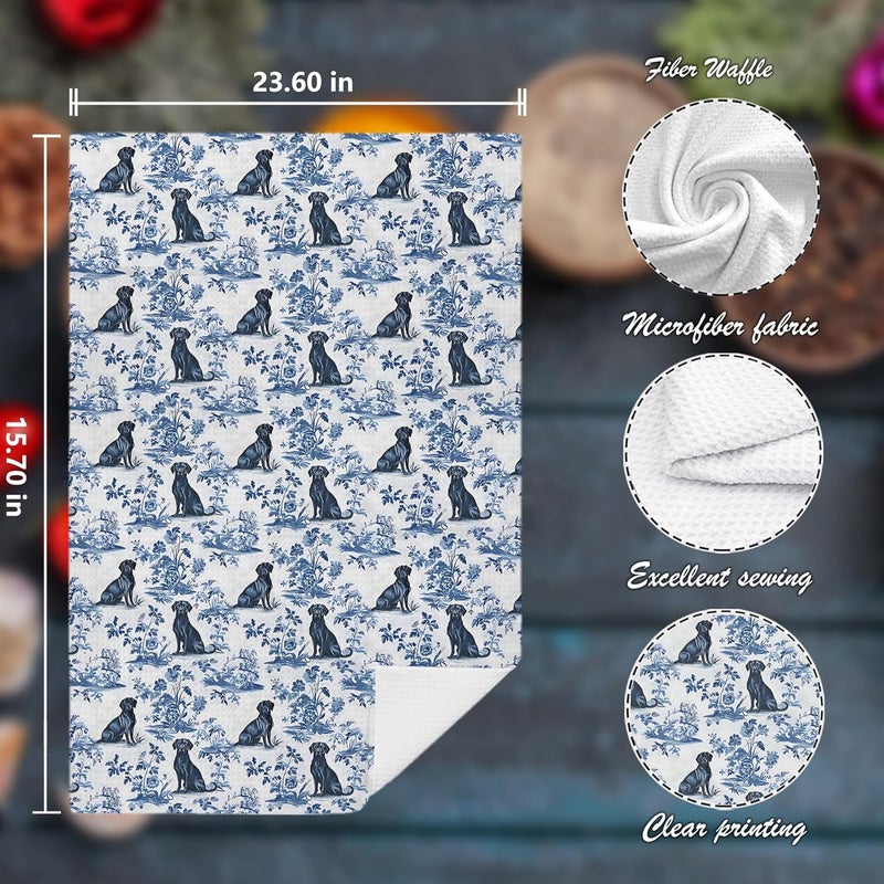 Nipil Chinoiserie Labrador Retriever Kitchen Towels Set of 2, Blue and White Botanical Grandmillennial Dog Decorative Dish Tea Towels, Labrador Retriever Gifts for Kitchen Bathroom Decor, 16x24 Inch - Image 2